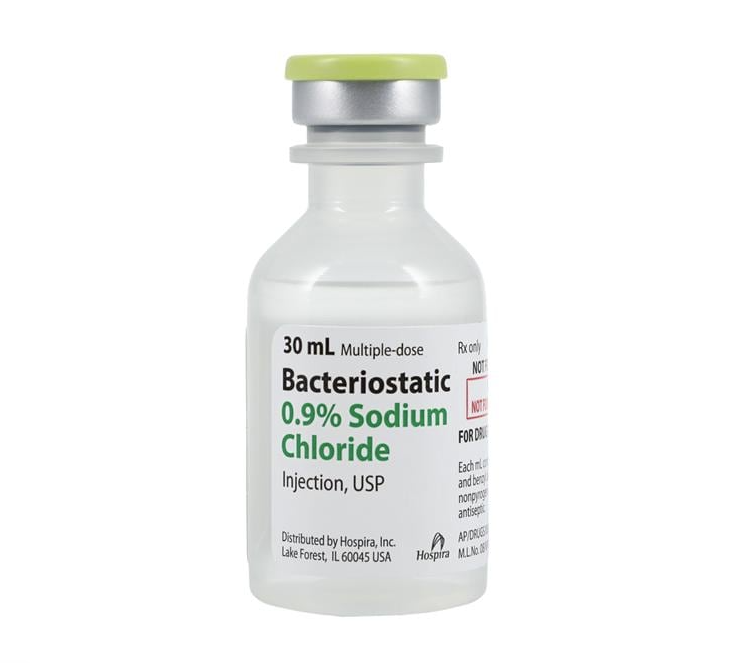 Bacteriostatic Sodium Chloride Injection, 0.9% Multidose Vial, 30 mL, each, NDC: 0409-1966-07
