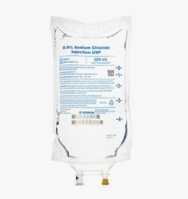 500 mL, 0.9% Sodium Chloride Injection, USP, BBraun, NDC: 00264-5802-10