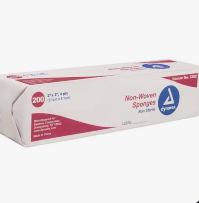 Gauze, Non-Sterile, Non-Woven Sponge, 2"x 2" 4 Ply, 200/Pack