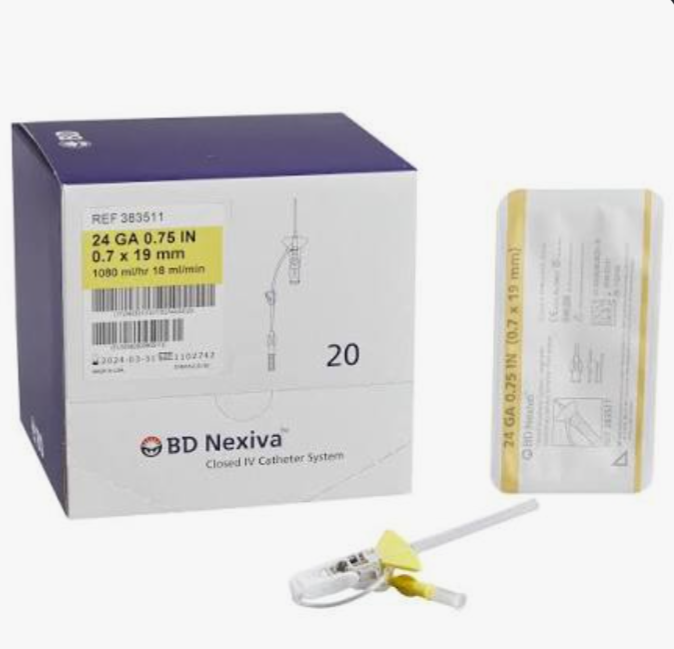 24G x 3/4", Nexiva, Each, Blood Control Closed IV Catheters, Single Port, BD, Yellow