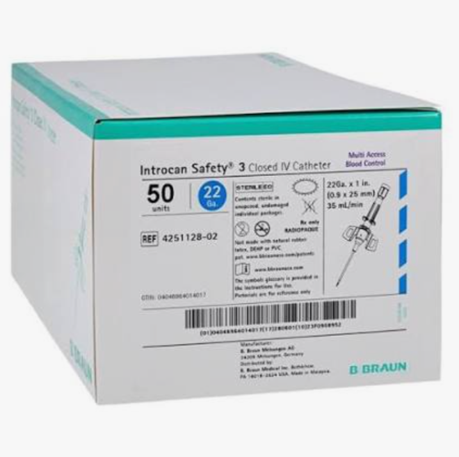 22G x 1", Introcan 3, Box/50, Winged, IV Catheter, Blood Control