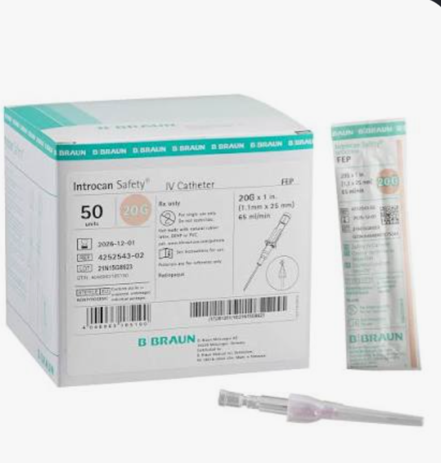 20G x 1", Introcan, Each, IV Catheter,Non Blood Control