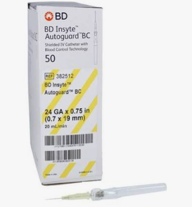 24G x 3/4", BD Insyte, Box/50, Blood Control IV Catheters, Yellow