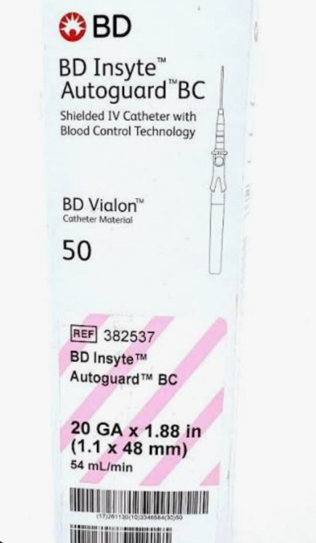 20G x 1.88", BD Insyte, Box/50, Winged, Blood Control IV Catheters, Pink