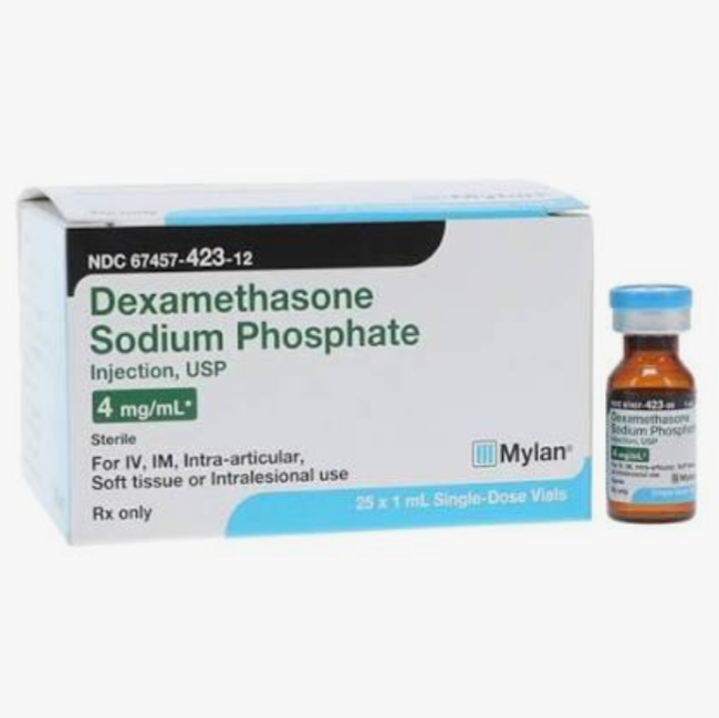 Dexamethasone (Decadron), 25/Box, 4 mg / mL Injection Single Dose Vial 1 mL, NDC: 67457-423-12