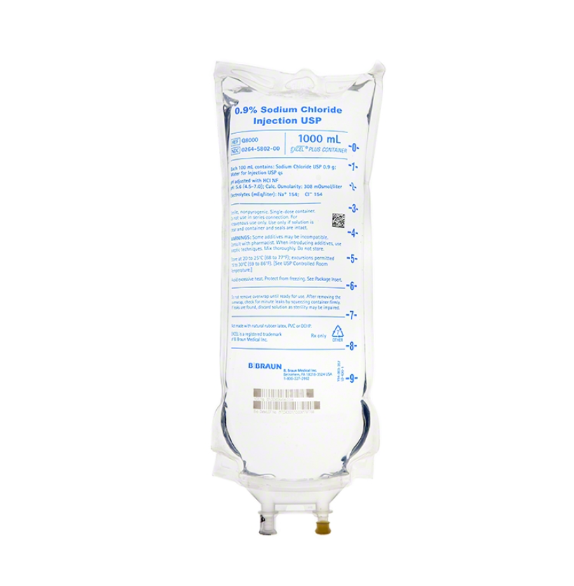1000 mL, 0.9% Sodium Chloride (NS), BBraun, 12/Box, (1L) NDC: 0264-5802-00